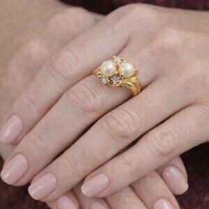 18-Karat Gold Electroplated Simulated Pearl & Diamond Ring
